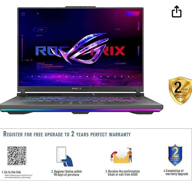 ASUS ROG Strix G16 G614JV-N4071W Eclipse Gray Gaming Laptop, i7-13650HX 16GB 1TB PCIE 4.0 SSD, NV RTX4060, 8GB VRAM, WIN11 HOME, 16-inch QHD (2560 x 1600) 240Hz, HD Webcam, Backlit-RGB-Eng-Arb-KB